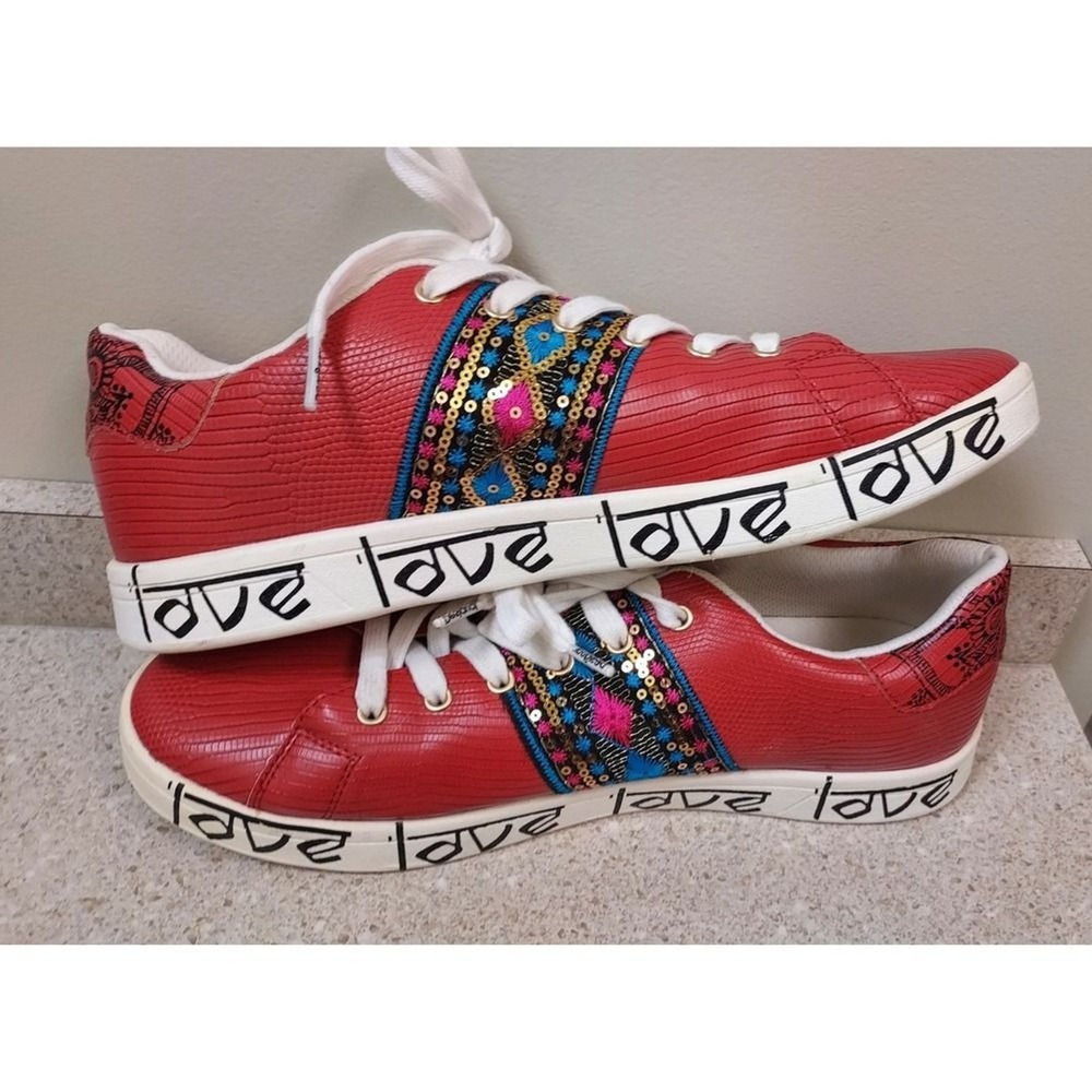 Desigual Rojo Roja Exotic Indian Red Sneakers Love Print US 10 UK 7 Boho